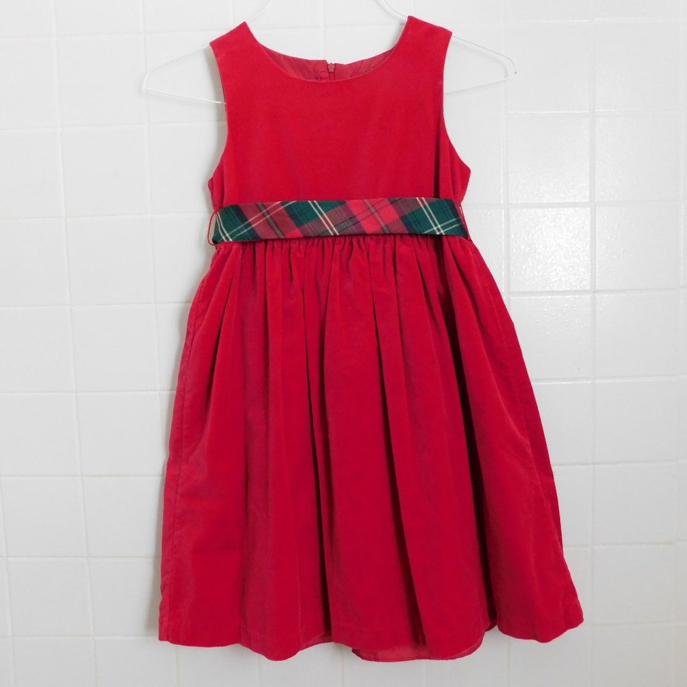 Red Velvet and Plaid Belted Girl's Dress